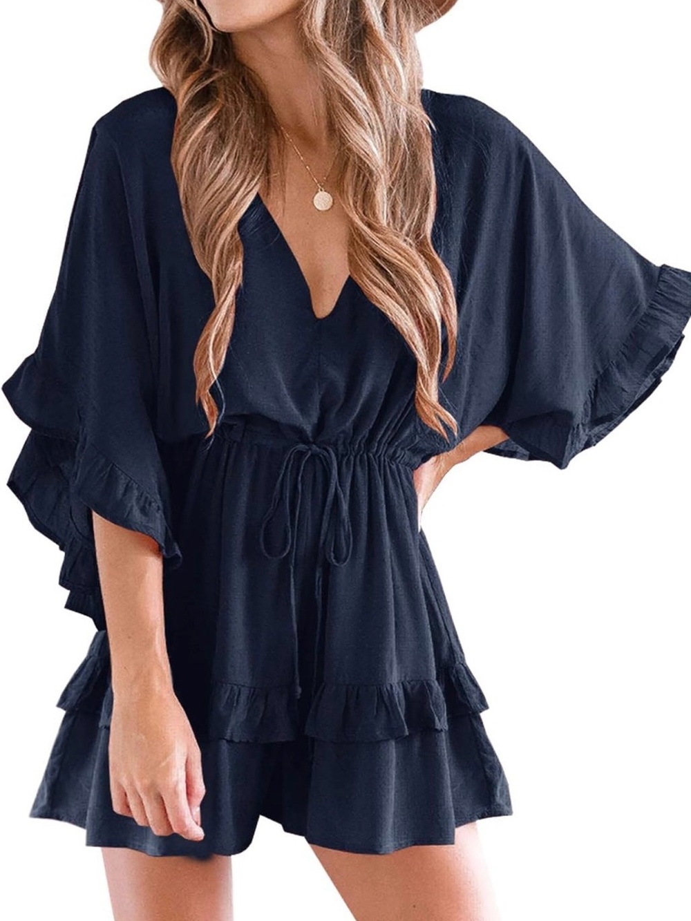 Women’s Navy V-Neck Ruffle romper